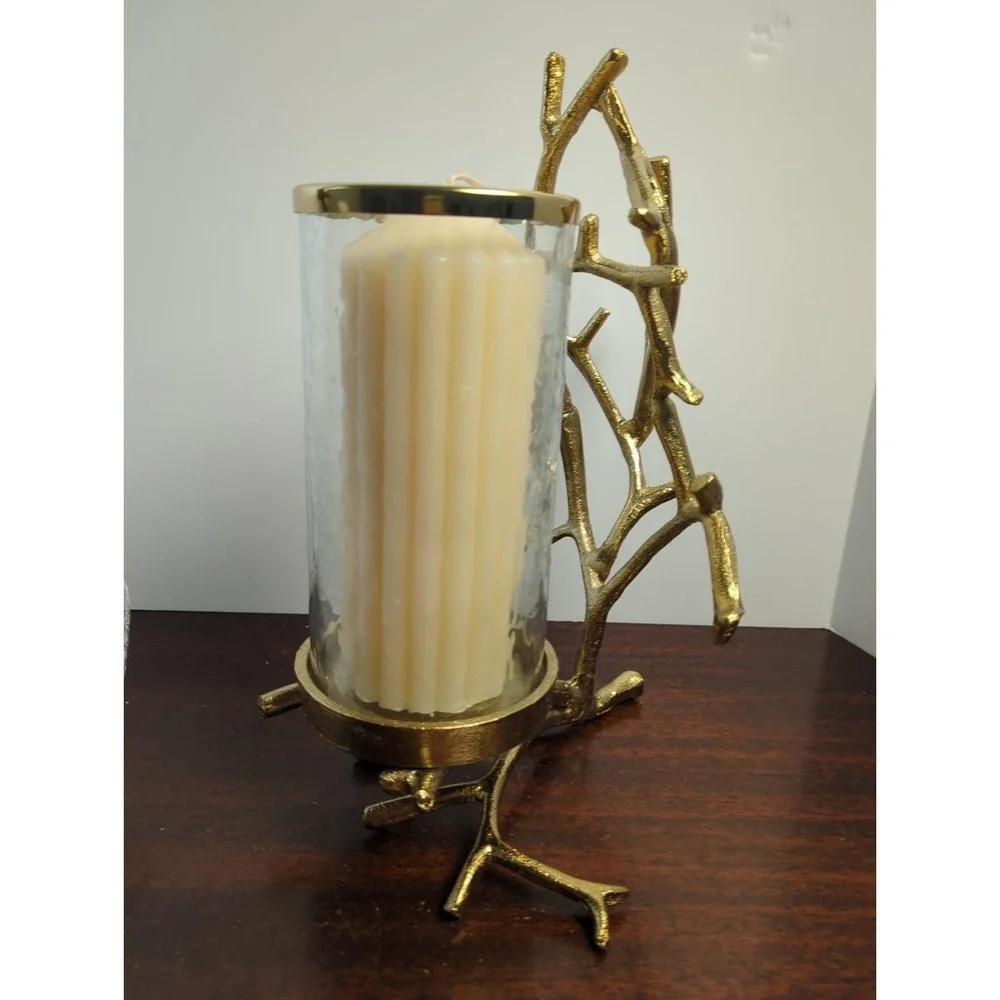 Gold Branch Hurricane Candle Holder Glass Cylinder Lantern Woodland Glam Decor